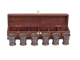 12&quot; Wine Glass Nautical Brass Anchor Shot Glasses With Rosewood Box Set of 6 - £88.62 GBP