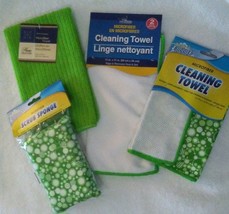 KITCHEN CLOTHS 5-pc SET Green Bubbles design Microfiber Towels Scrub Sponge NEW