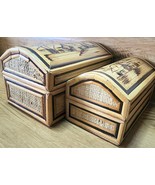 2 Small Bamboo Arched Nesting Boxes Palms &amp; Village Lined in Red Treasur... - $22.06 CAD