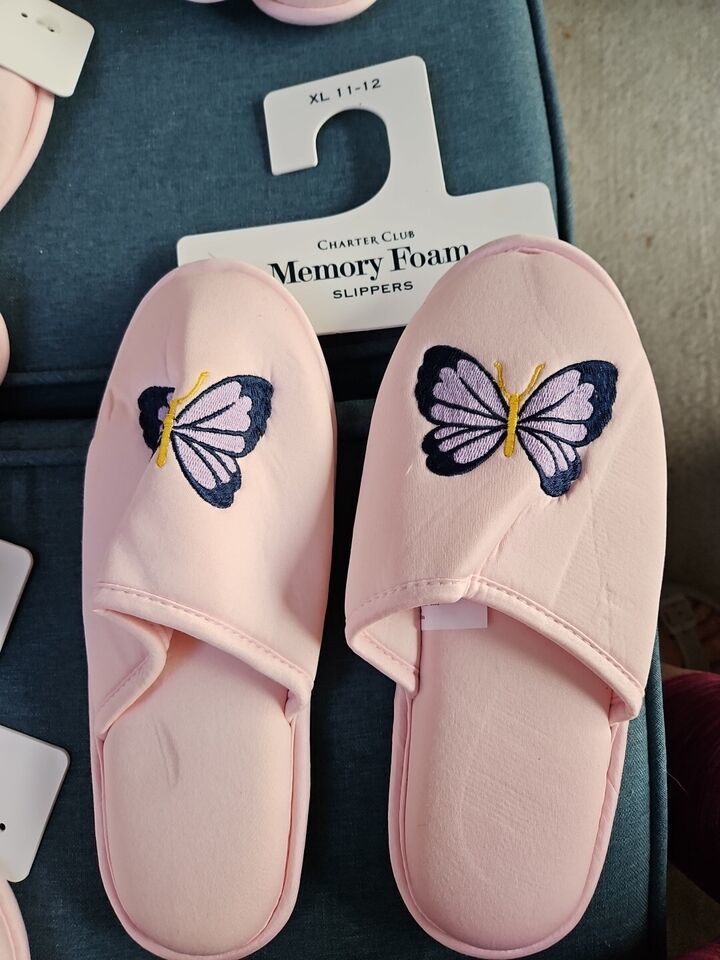 Charter Club Women&#39;s Pink Embroidered Butterfly Slippers Shoes Size XLar... - $14.36