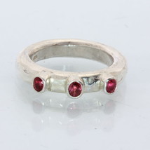 Red Sapphire Handmade Sterling Silver Three Stone Frog Eyes Hammered Ring size 6 - £51.78 GBP