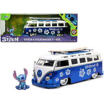 Volkswagen T1 Bus Candy Blue and White with Stitch Diecast Figurine and Surfb... - £38.01 GBP