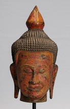 Buddha Statue - Antique Khmer Style Asia Red Wood Buddha Head - 40cm/16&quot; - £329.35 GBP
