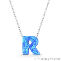 Initial Letter R Blue Lab-Created Opal 10mm Pendant 925 Sterling Silver Necklace - £19.28 GBP