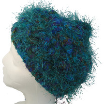 Multi-color hand knit hat with green fuzzies - $25.00
