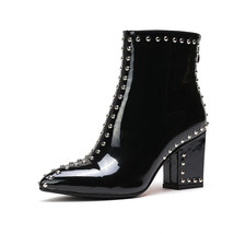 Rivet Ankle Boots Women High Heels Pointed Toe Patent Leather shoes elegant Ladi - £80.82 GBP