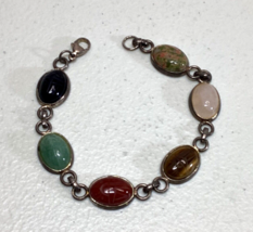 925 Sterling Silver Scarab Link Bracelet Carved Gemstones 6 inches Vintage - $49.00