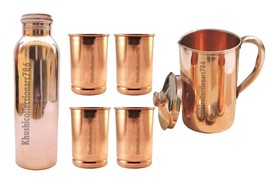 Pure Copper Water Pitcher Jug Smooth 1500ML Plain Bottle Tumbler Glass S... - $61.87