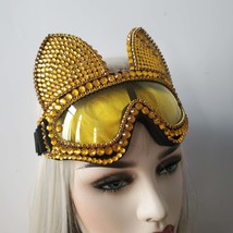 Holographic Burning Man Gold Rhinestone Rave Cat Goggle Festival Headpiece - $88.00+