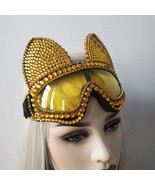 Holographic Burning Man Gold Rhinestone Rave Cat Goggle Festival Headpiece - $88.00+