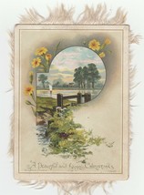 Vintage Christmas Card Lake Flowers Fringe Victorian Hildesheimer and Fa... - $14.84