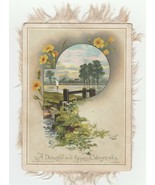 Vintage Christmas Card Lake Flowers Fringe Victorian Hildesheimer and Fa... - £11.62 GBP