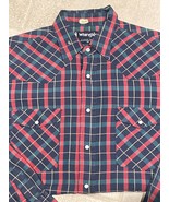 Wrangler Shirt Mens M Black Red Green Plaid Pearl Snap Extra Long Tails ... - $19.56 CAD