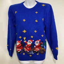 Ugly Christmas Wool Sweater S Roberta Frost Santa Claus Blue Vintage - £27.02 GBP