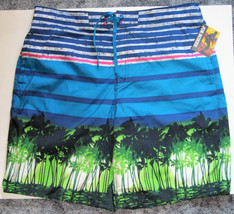 NWT Joe Boxer Swim Bathing Suit Trunks Shorts 4 Pockets Blue Green Palms Men L - £19.55 GBP