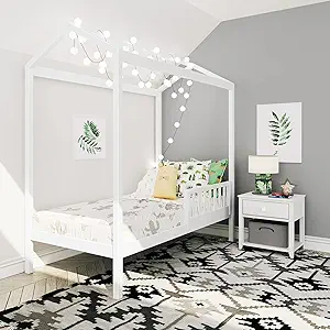 Twin House Bed With Single Guard Rail Platform, White - $740.99