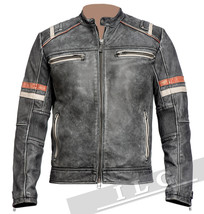 Men Vintage Biker Retro Motorcycle Cafe Racer Distressed Leather Jacket ... - £70.39 GBP