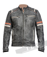 Men Vintage Biker Retro Motorcycle Cafe Racer Distressed Leather Jacket ... - £71.76 GBP