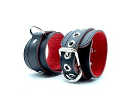 BDSM Handcuffs 2&quot;, Black Leather Red Suede Lining &amp; Silver Hardware, Sca... - £90.12 GBP
