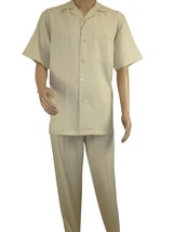 Men 2pc Walking Leisure Suit Short Sleeves DREAMS Plaid Satin 253-13 Sand - £85.89 GBP