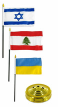 Israel / Ukraine / Lebanon 3 Flags 4&quot;X6&quot; Desk Set Table Stick Gold Base - £15.12 GBP