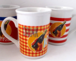 Lot 3 COCA COLA Coffee Mugs Red White Blue Assorted Patterns Heavy Ceramic - £11.81 GBP