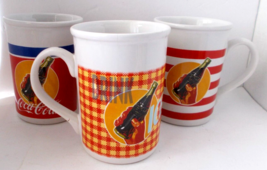 Lot 3 COCA COLA Coffee Mugs Red White Blue Assorted Patterns Heavy Ceramic - $14.84