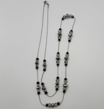 Black Gray White Glass Beads on Silver Tone Station Necklace - 36.5&quot; - £11.65 GBP