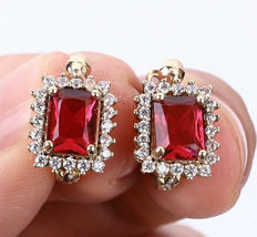 3Ct Emerald Cut CZ Red Garnet Halo Stud Earrings 14k Yellow Gold Plated - £88.46 GBP