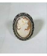 Vintage Marcasite Shell Cameo Lady Profile Sterling Silver 925 Ring - £59.73 GBP