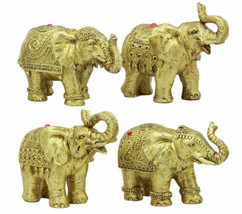 Thai Golden Elephant Feng Shui Figurine Set Of 4 Trunk Raised Elephants 3.5&quot;Long - £20.77 GBP