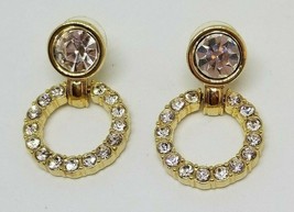 SWAROVSKI Door Knocker Earrings Crystal Gold Tone Round Swan Mark Signed - £37.56 GBP