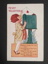 Valentines Day Girl Sending Valentine Mailbox Postcard American Colortype 1923 - £6.24 GBP