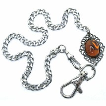 Pocket Watch Chain Silver Albert Chain Men Brown Glass Stone Fob Swivel Clasp  - $16.99