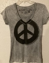 L.O.L Vintage Women’s Medium Peace Sign V-Neck Gray W/Black Short Sleeve... - $11.63