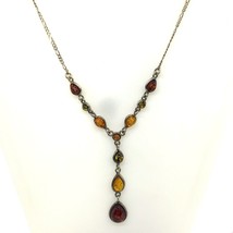 Vintage Signed 925 Handmade Colorful Genuine Amber Station Y Drop Necklace sz 20 - £51.75 GBP