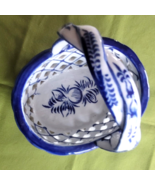 Blue &amp; White Ceramic Reticulated Floral Basket Twisted Handle Table Decor - £14.76 GBP