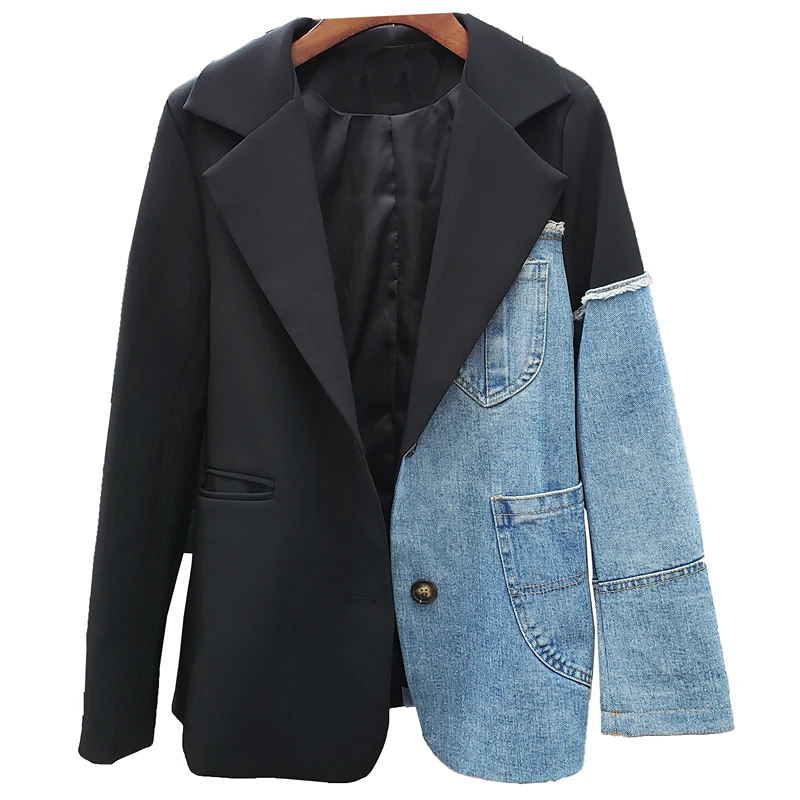 Denim Patchwork Women Blazer Jacket   Single Button Black Suit Jacket Loose  Lad - £121.33 GBP