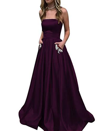 Kivary Beaded Pockets A Line Satin Long Formal Prom Dress Evening Gown Dark Plum