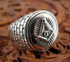 Solid 925 Sterling Silver Men&#39;s Egyptian Brick Square &amp; Compasses Freemason Ring - £33.03 GBP