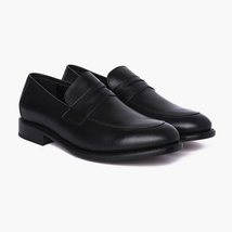 Rounded Apron Toe Black Moccasin Loafer Slip Ons Handmade Genuine Leathe... - $149.99