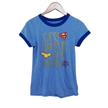DC Superhero Girls Blue White Stripe Sparkle Ringer Tee Shirt Supergirl14/16 XL - £11.86 GBP