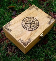 Handmade wooden jewellery / tea coffee box Viking Vegvisir Runes Pagan Norse  - £31.01 GBP