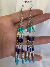 Dangle drop earrings handmade long seed bead tassel native style blue white earr - £15.84 GBP