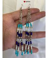 Dangle drop earrings handmade long seed bead tassel native style blue wh... - £15.66 GBP