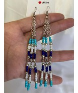 Dangle drop earrings handmade long seed bead tassel native style blue wh... - $380.13 MXN