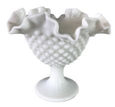 White Fenton Bowl on Pedestal Vintage Ruffle Edge Hobnail Milk Glass 5.5... - $24.18