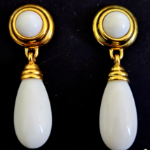 Monet Vintage Clip On Gold Tone White Glass Dangle Drop Earrings - $26.72