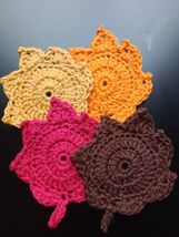  Handmade Crochet Autumn Leaf Coasters Set of 4 Red Gold Orange Brown  - $20.00