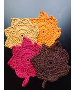  Handmade Crochet Autumn Leaf Coasters Set of 4 Red Gold Orange Brown  - $20.00